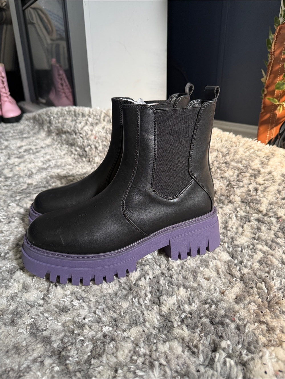 Limelight Black Chelsea Boots with Purple Lug Sole